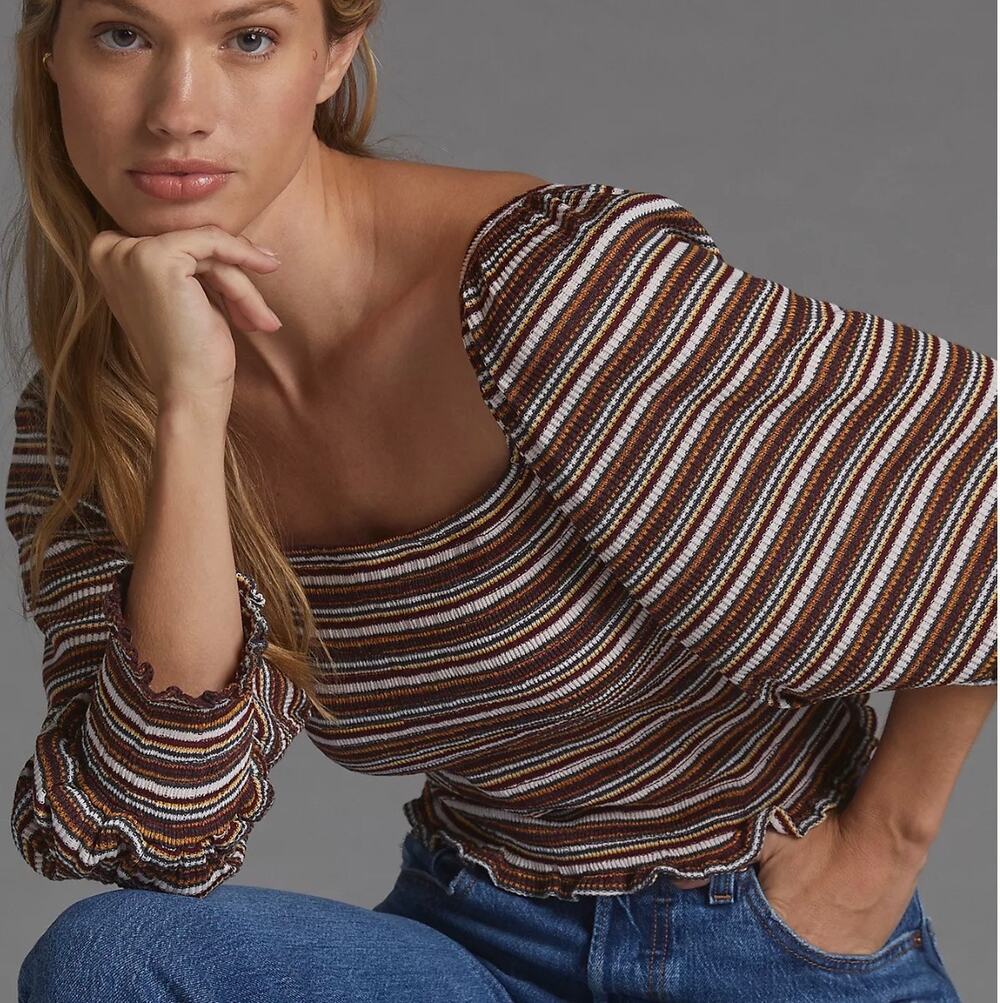 Anthropologie Smocked Puff-Sleeved Striped Multicolor Top In Size L.